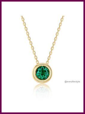 Bezel Set Emerald Pendant Necklace 18K Gold Plated Sterling Silver Lab Created